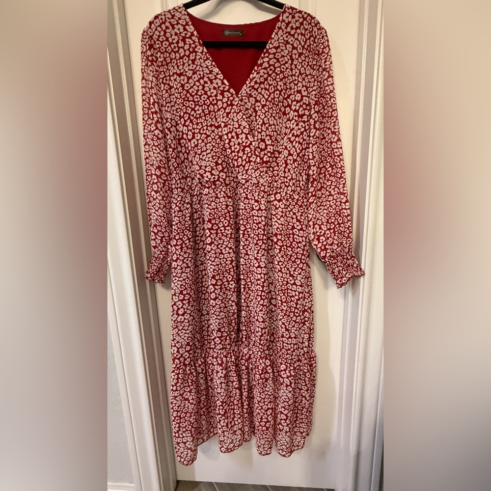 Elegant Red and White Animal Print Patterned Long Sleeve Dress by PrettyGarden